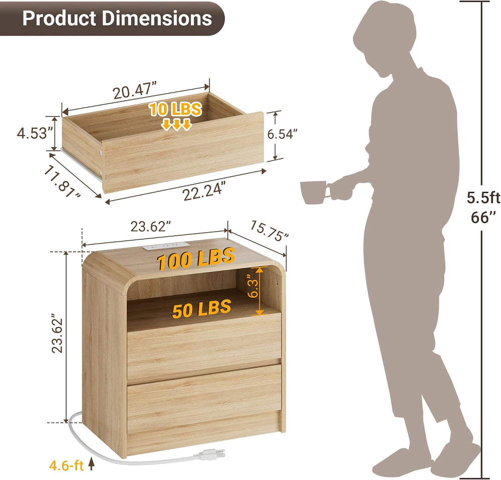 23"W 2 Drawer Nightstand with Charging Station and RGB LED Light | Curve...