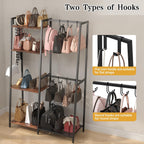 Purse Storage Organizer for Closet, 4-Tier Iron Wood Purse Rack, 8 Purse Hooks & 2 Side Hooks for Bag Organizer, Large Capacity Handbag Storage Rack for Home, Living Room