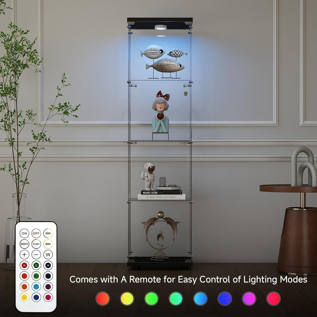 Tempered Glass Display Cabinet with Lights, 4-Tier Curio Cabinet with Glass Doors and Lock, Glass Display Case for Collectibles, for Living Room, Bedroom, Office, Black, Single Door