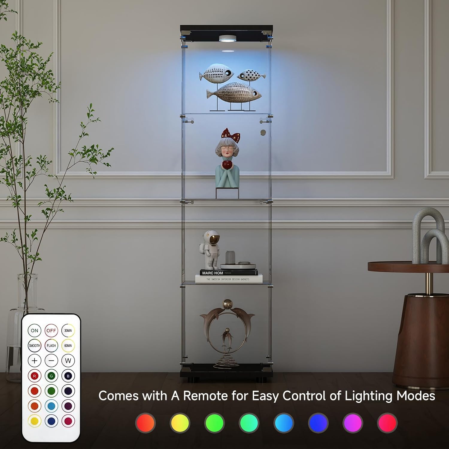 Tempered Glass Display Cabinet with Lights, 4-Tier Curio Cabinet with Glass Doors and Lock, Glass Display Case for Collectibles, for Living Room, Bedroom, Office, Black, Single Door