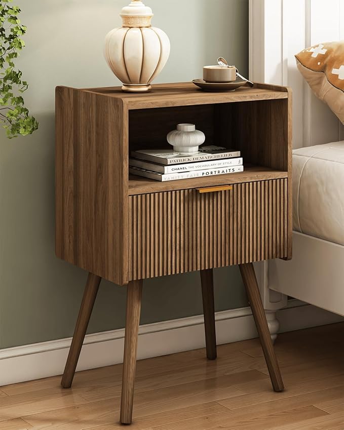Nightstand,Modern Bedside Table with Storage Drawer and Open Wood Shelf, for ...