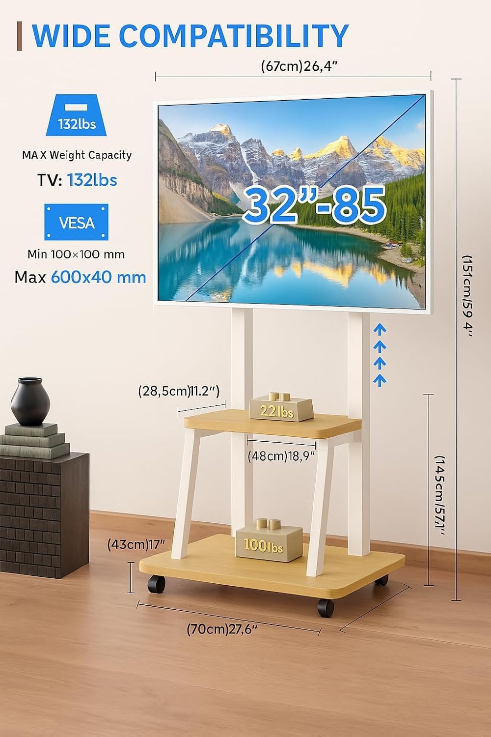 Rolling TV Stand for 32-80 Inch TVs, TV Cart with Power Outlet | TV Stand for...