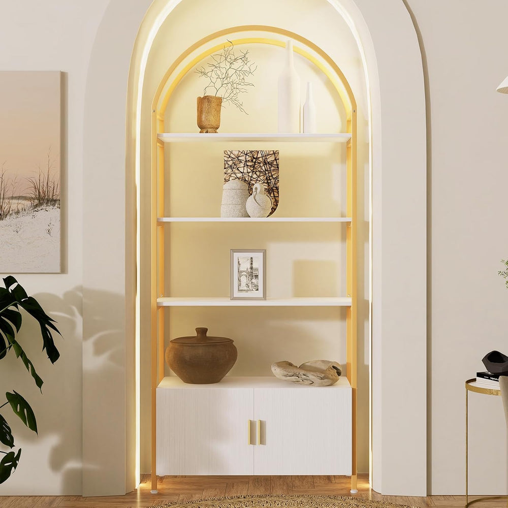 Jehiatek Gold Bookshelf, Arched Bookcase with Doors Storage, 71" Tall In...