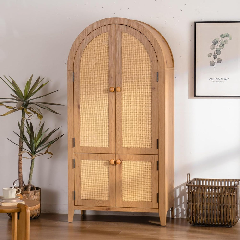 Hassyee Arched Kitchen Pantry Cabinet, Arched Bookcase Rattan Storage Cabinet...