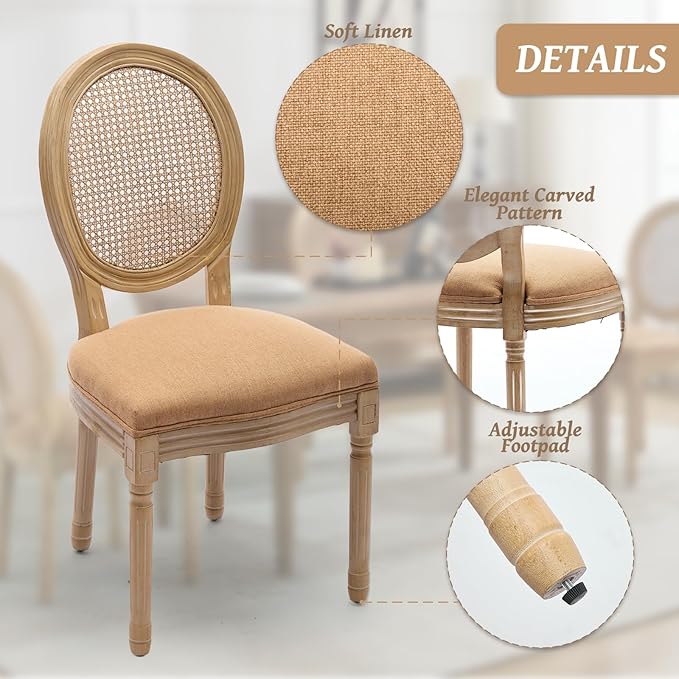 French Country Dining Chairs Set of 6,Farmhouse Upholstered Dining Room Chairs with Round Back and Solid Leg,Rattan Kitchen Chairs for Kitchen/Bedroom/Dining Room,Tan