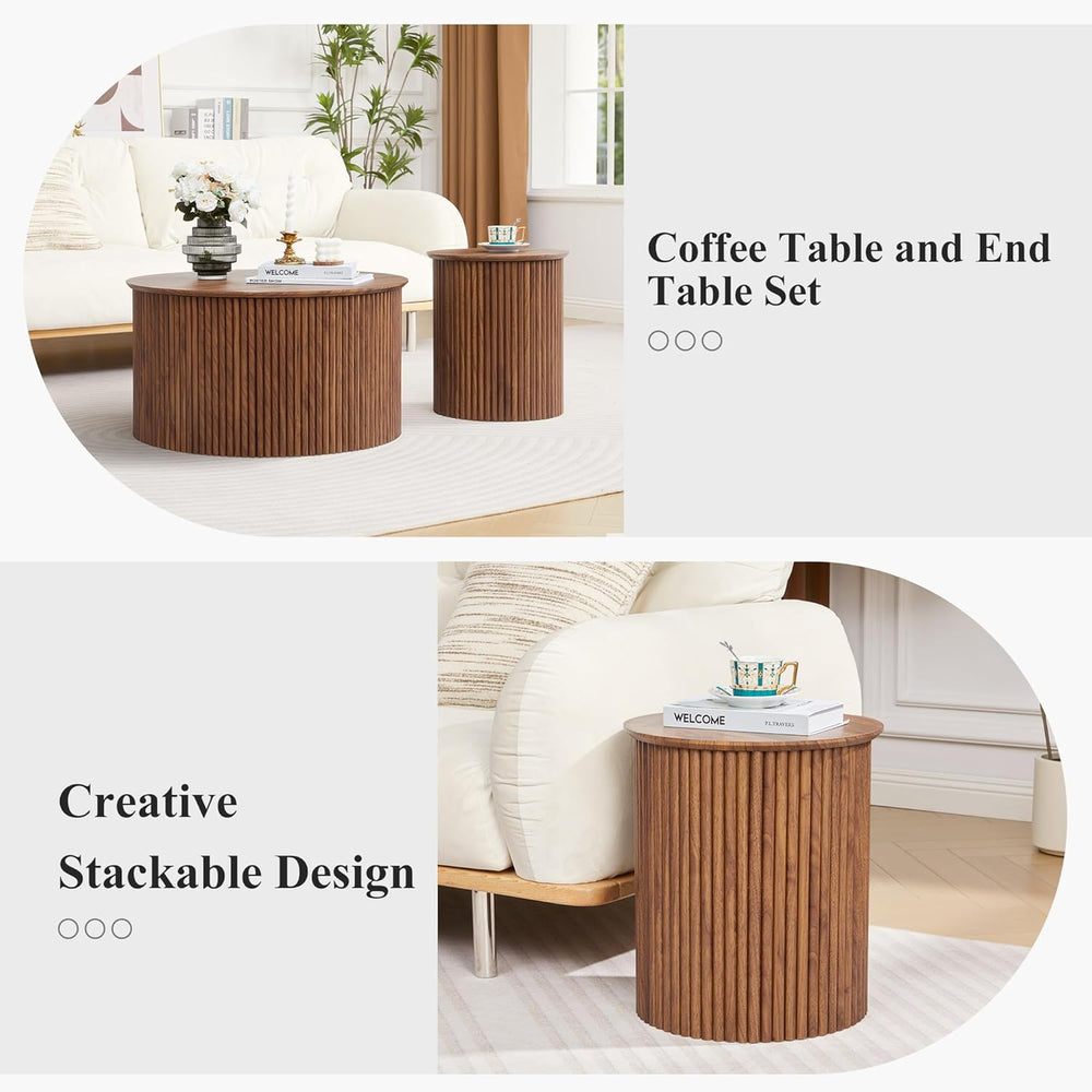 Fluted Round Nesting Coffee Table Set of 2 Circle Center Table Living Room | ...