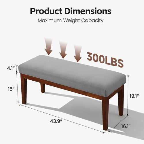 43.5" Upholstered Bedroom Bench, Linen Entryway Bench with Solid Wood Legs, End of Bed Bench with Cushion, Dining Bench for Living Room, Bedroom, Hallway, Light Grey