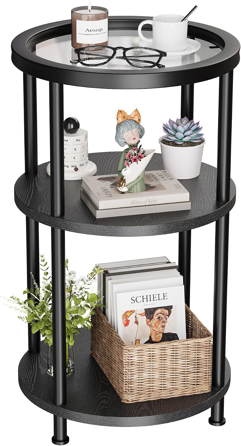 Homeiju Glass Side Table, 3-Tier Glass End Table with Adjustable Feet, Bedsid...