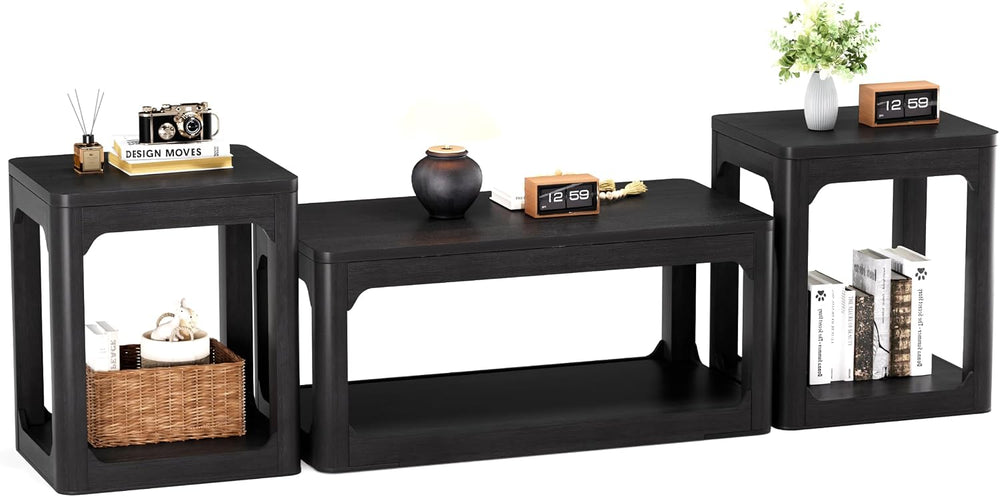 Coffee Table and End Table Sets 3-Piece for Living Room | 2-Tier Storage, Woo...
