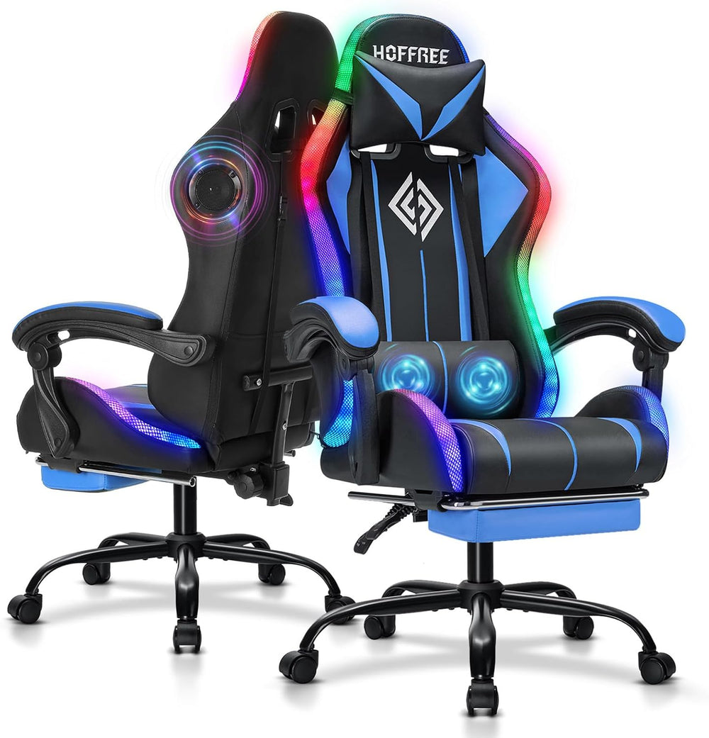 RGB Gaming Chair with Bluetooth Speakers and LED Lights Computer Chair-Blue |...