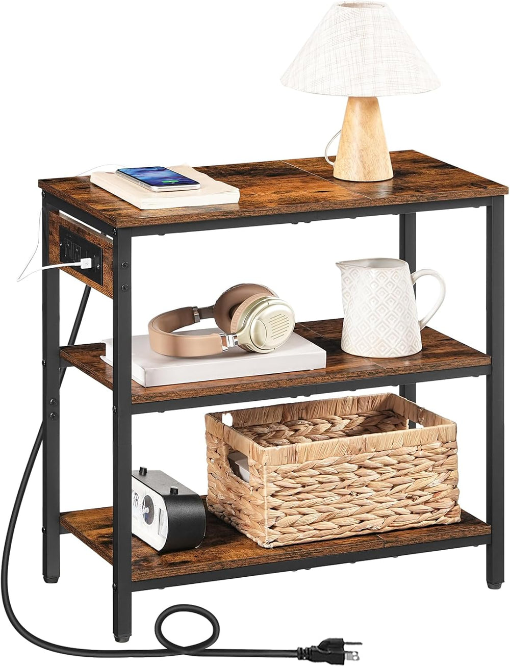 HOOBRO End Table with Charging Station, Side Table with 3 Tier Storage Shelf,...