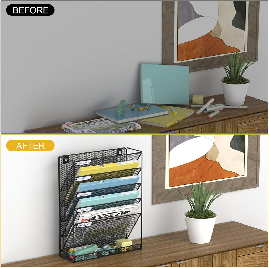 Hanging Folder Organizer Mesh 6 Tier, Wall File Organizer Hanging Paper Organizer, Wall Mount Mail Storage, Office Organization and Storage Rack for Home Office, Black