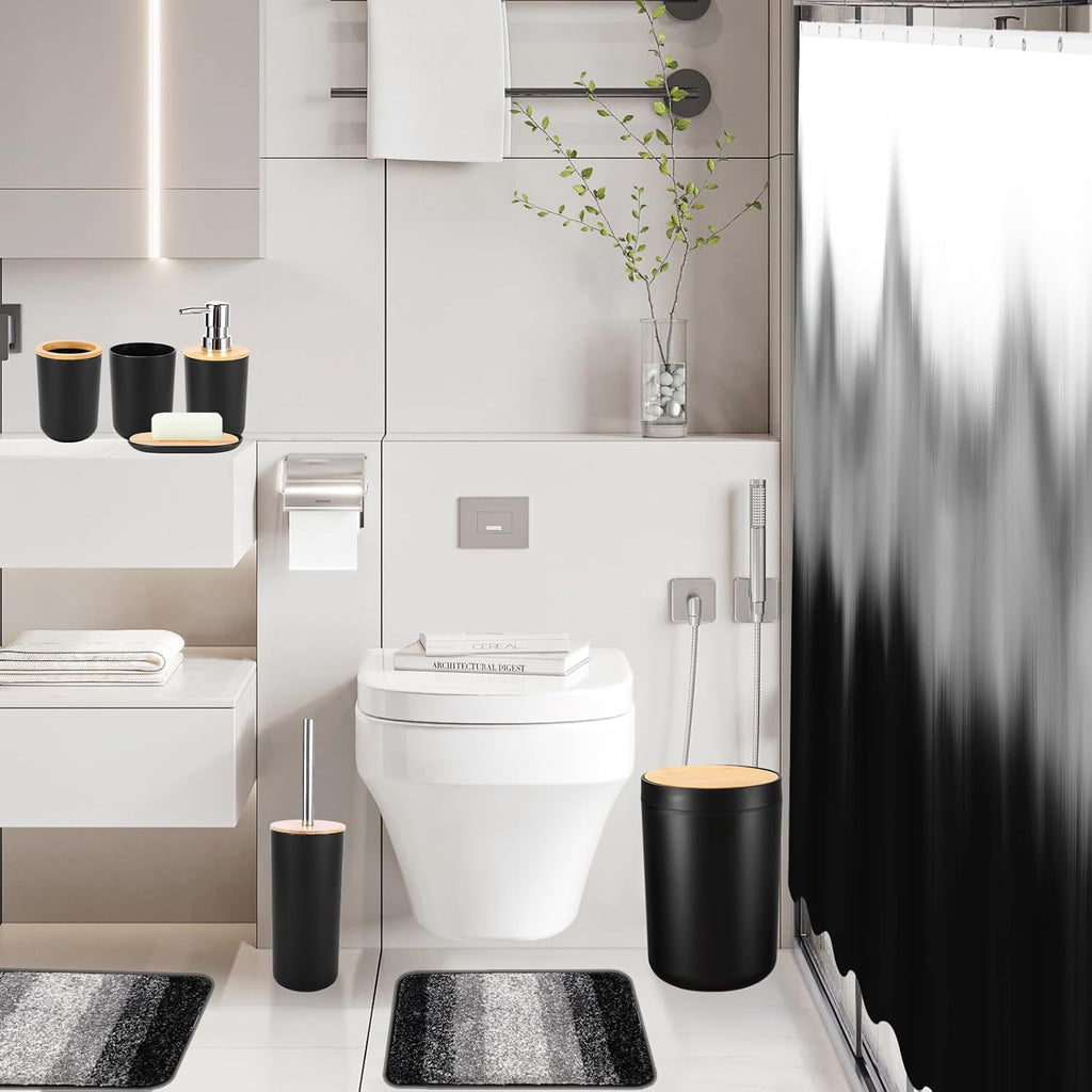 iMucci Bathroom Accessories Black Bathroom Sets with Shower Curtain and Rug, Black Ombre Waterproof Shower Curtain with Ultra Absorbent Rug Bathroom Accessories Set for Home Decor