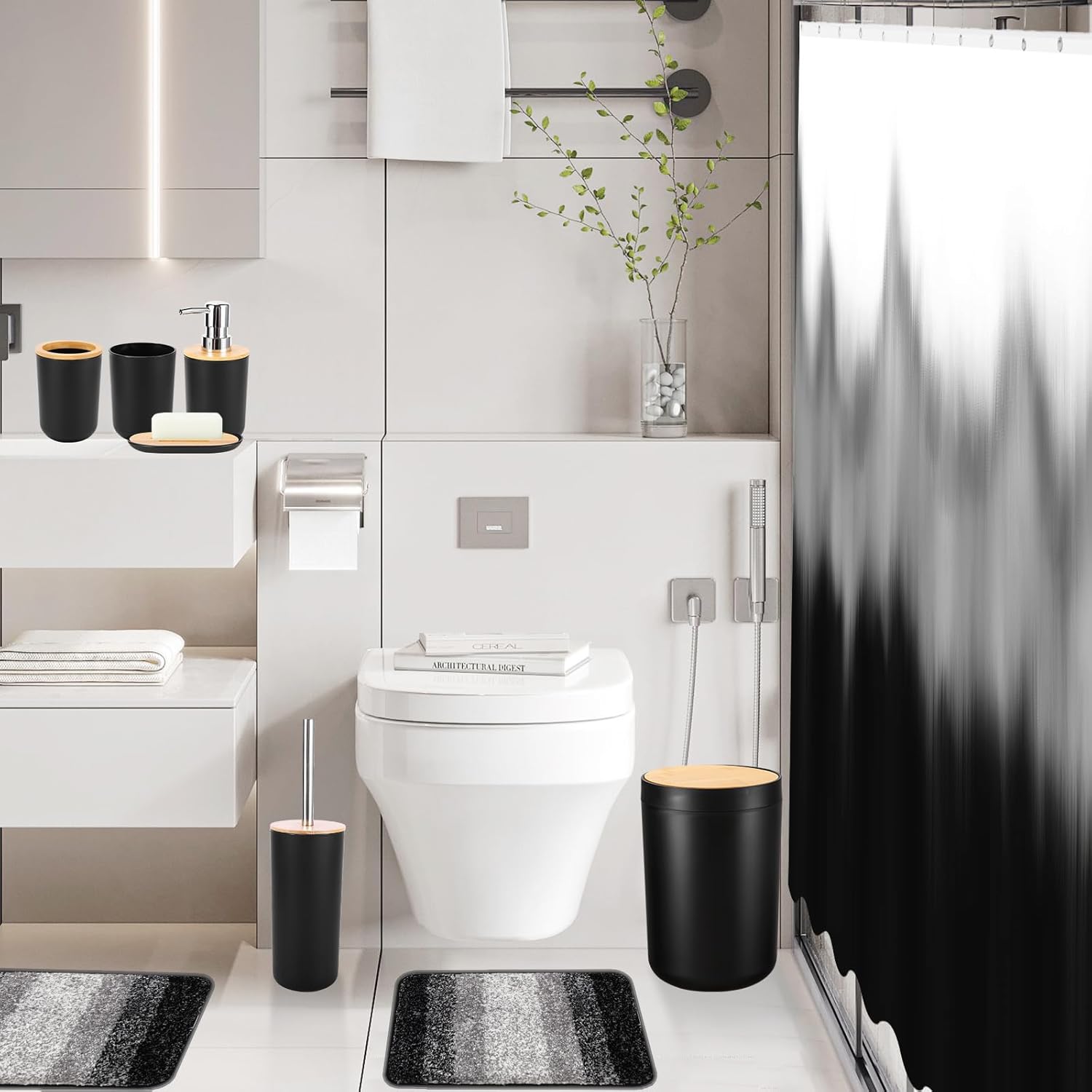 iMucci Bathroom Accessories Black Bathroom Sets with Shower Curtain and Rug, Black Ombre Waterproof Shower Curtain with Ultra Absorbent Rug Bathroom Accessories Set for Home Decor