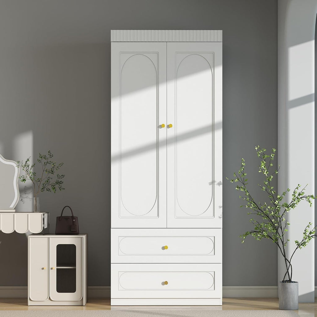 Armoire Wardrobe Closet with Drawers: 74" White Wardrobe Closet with 6 Doors, Large Armoire with 6 Drawers, Hanging Rod, Wood Closets for Bedroom