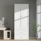 Armoire Wardrobe Closet with Drawers: 74" White Wardrobe Closet with 6 Doors, Large Armoire with 6 Drawers, Hanging Rod, Wood Closets for Bedroom