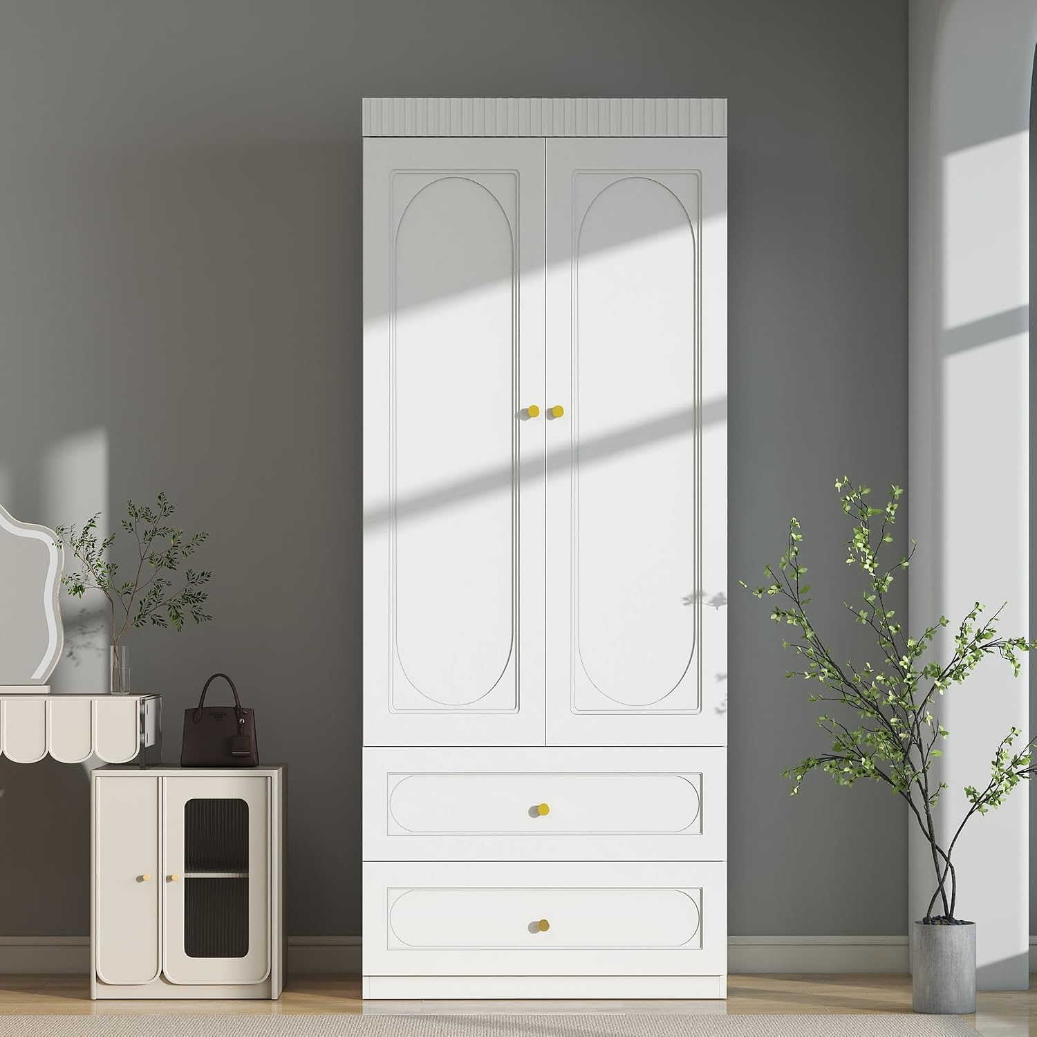 Armoire Wardrobe Closet with Drawers: 74" White Wardrobe Closet with 6 Doors, Large Armoire with 6 Drawers, Hanging Rod, Wood Closets for Bedroom