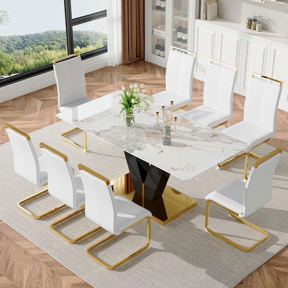 71'' Dining Table Set for 8,Marble Dining Table Set,Modern Kitchen Ta...