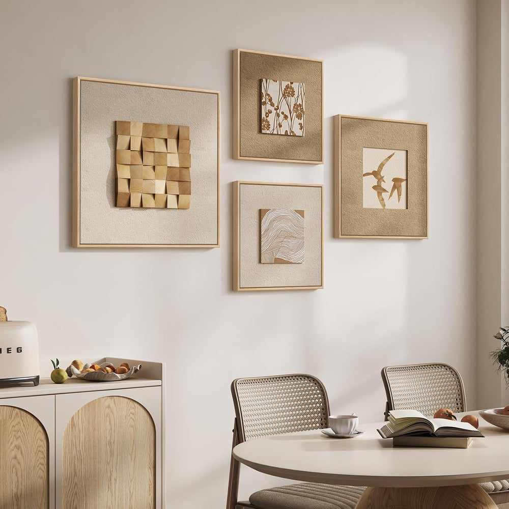 Large Framed 3D Textured Wood Wall Art 4 for Living Room, Neutral Set of 4