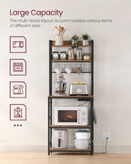 VASAGLE Bakers Rack with Power Outlet, Microwave Stand, Kitchen Tall Utility Storage Shelf, with Metal Wire Panel, 14 Hooks, 15.7 x 23.6 x 66.9 Inches, Rustic Brown and Ink Black UKKS037B01
