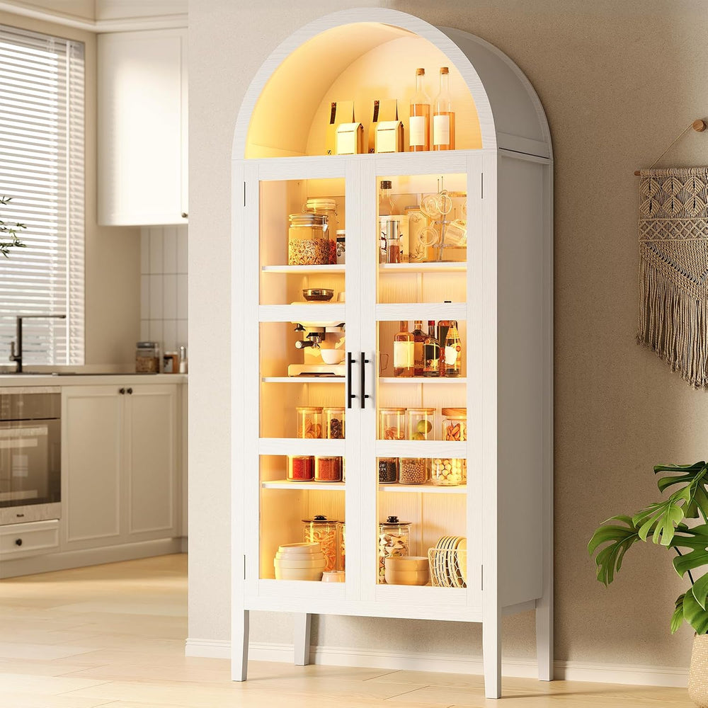 GarveeHome 70 in Tall Arched Kitchen Pantry Cabinet with LED Lights, Modern W...