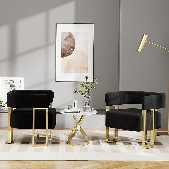 STHOUYN Modern Black Boucle Dining Chairs Set of 4 with Gold Metal Legs, Mid Century Barrel Kitchen Chairs Set, Upholstered Accent Armchairs Dining Room Set, Living Room, Apartment (Black, 4pcs)