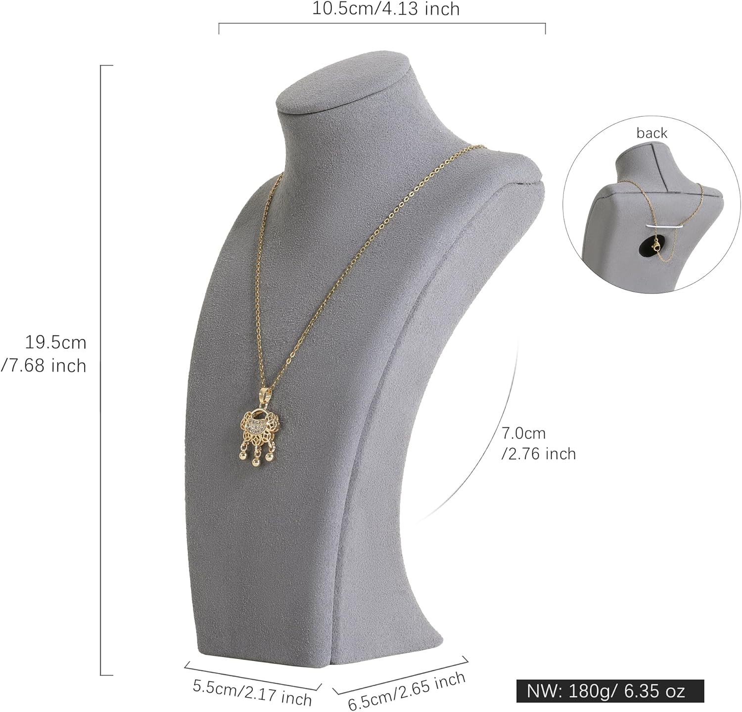 GemeShou Grey necklace storage organizer for sale, Velvet necklace holder stand, jewelry bust display stands, Jewelry Mannequin for Countertop, Showcase【Grey-Small height 7.68 inch】