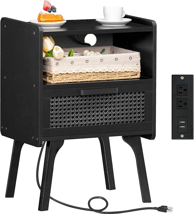 Lerliuo Rattan Nightstand with Charging Station, Side Table with Drawer Open ...