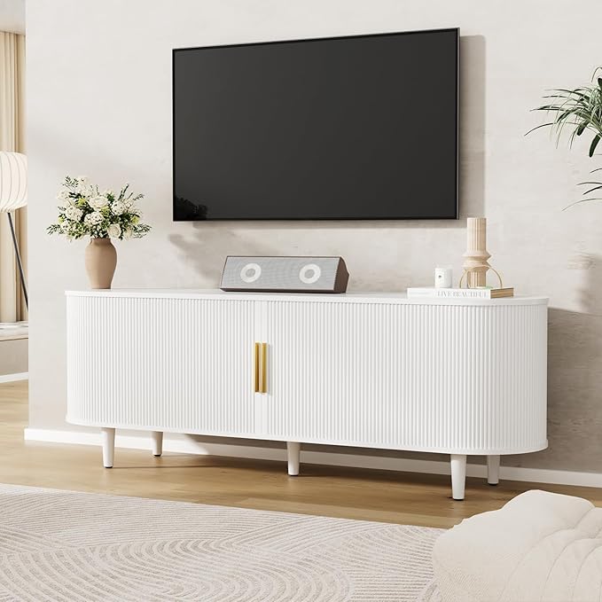 VOWNER 63" Fluted TV Stand, Modern Entertainment Center for TVs Up to 65" with Adjustable Shelves and Sliding Doors, Curved Media Console Table with Storage Cabinet for Living Room Bedroom (White)