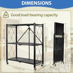 3-Tier Foldable Storage Shelf with Wheels, Metal Collapsible Shelving Unit, Rolling Utility Cart for Kitchen Pantry Closet Office, Pre-Assembled Storage Rack Organizer