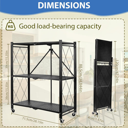 3-Tier Foldable Storage Shelf with Wheels, Metal Collapsible Shelving Unit, Rolling Utility Cart for Kitchen Pantry Closet Office, Pre-Assembled Storage Rack Organizer
