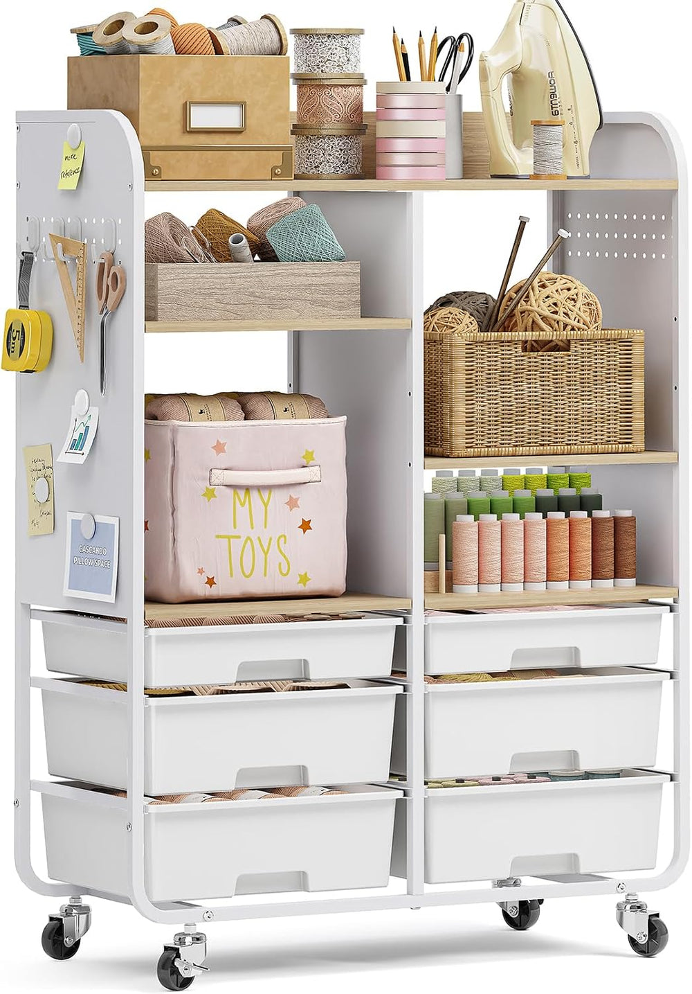 6-Drawer Rolling Storage Cabinet with Wooden Top & Pegboards，Utility Craf...