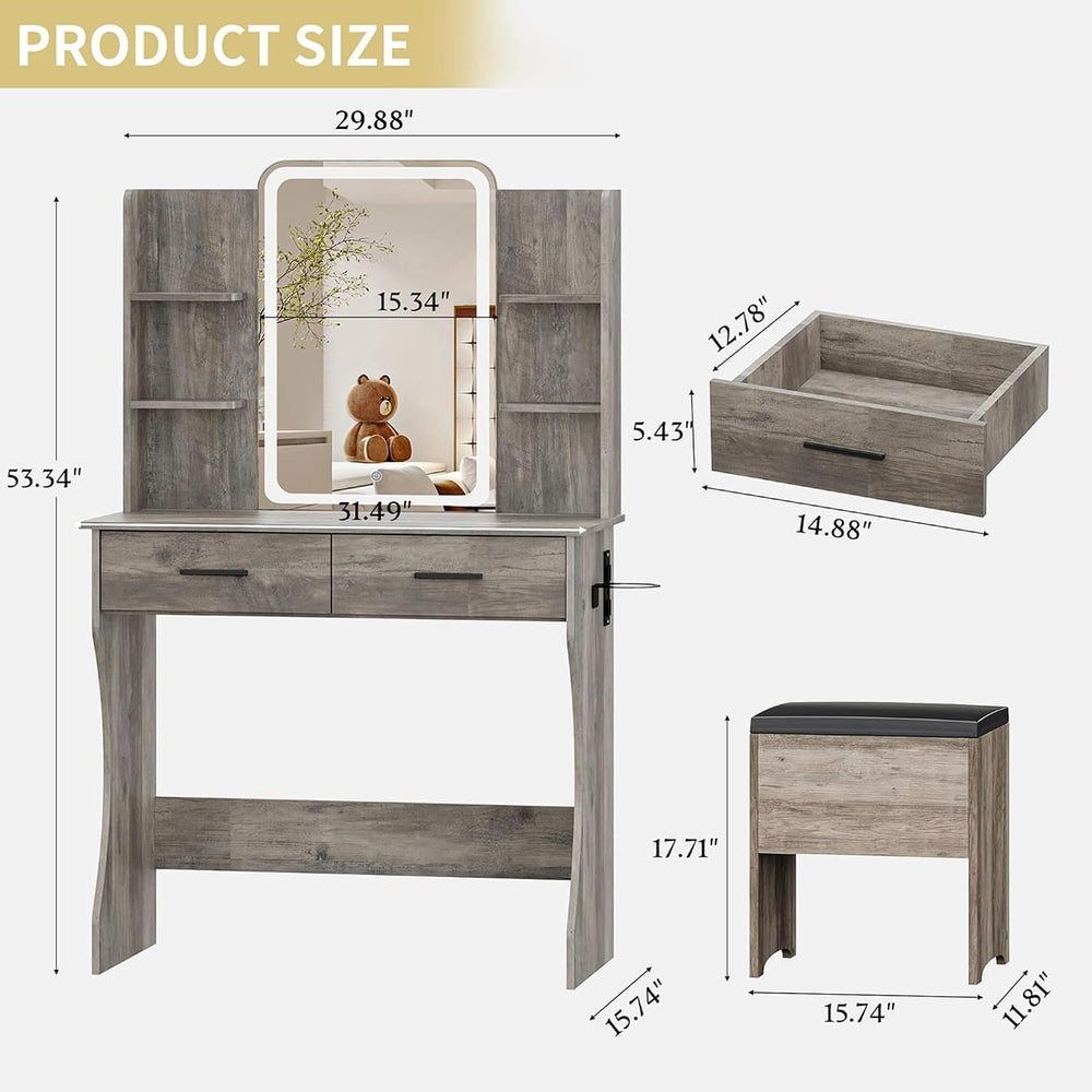 Vanity Desk with LED Lights Mirror & Power Outlet, Small Makeup Vanity Ta...