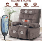 KCQ Overstuffed Swivel Rocker Recliner Chair with Massage and Heat, Fabric Heated Reclining Chairs Manual Recliner with Cup Holder, Nursery Rocking Recliner Glider Chair, Brown