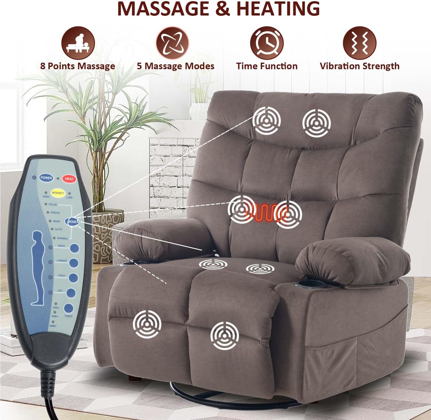 KCQ Overstuffed Swivel Rocker Recliner Chair with Massage and Heat, Fabric Heated Reclining Chairs Manual Recliner with Cup Holder, Nursery Rocking Recliner Glider Chair, Brown