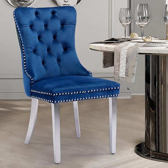Velvet Upholstered Dining Chairs Set of 6, Modern Style Kitchen Side Chairs with Nailhead Trim and Silver Plated Leg, Metal Pulling Ring for Dining Room Living Room(Blue-Silver Plated Leg)