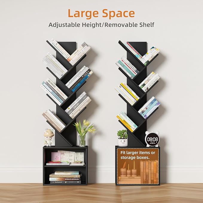 10 Tier Tree Bookshelf,Floor Standing Wood Tall Bookcase for Narrow Space, St...