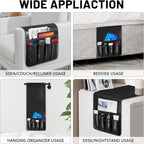 Non-slip Couch Organizer Armchair Caddy, Artificial Leather TV Remote Control Holder Bedside Caddy with 5 Pockets for Key Glasses Phone Magazine Holders (Black faux leather, 35"x12.4")