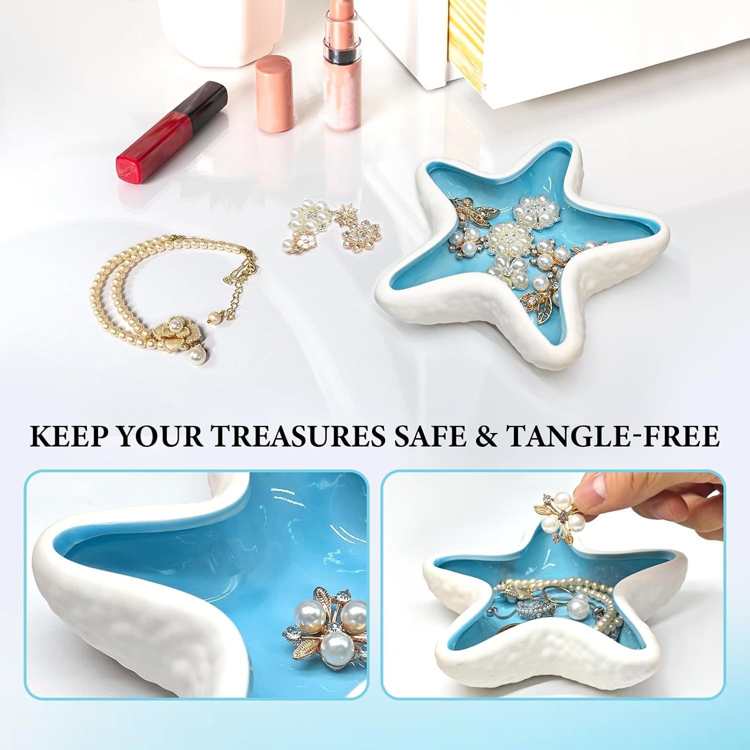 Starfish Jewelry Dish for Coastal Bathroom Decor, Ceramic Trinket Tray and Ring Holder with Glossy Blue Glaze, Beach Decor for Bedroom or Guest Room, Gift for Women