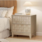 COLAMY Nightstand with Charging Station, 22" Modern Bed Side Table with 2 Storage Drawers and Chessboard Relieffor Bedroom, Dorm and Small Spaces - Oak