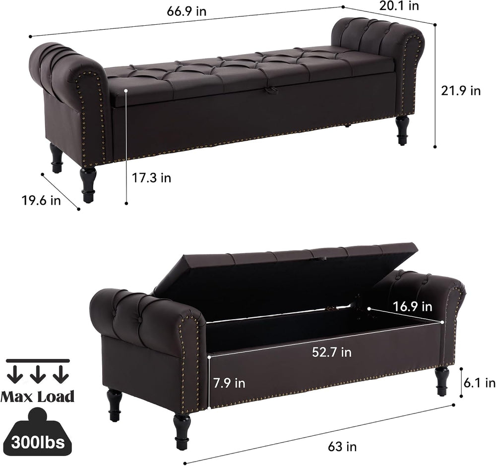 Faux Leather Storage Bench 67 Inch Upholstered Tufted Ottoman Bench with Arms...