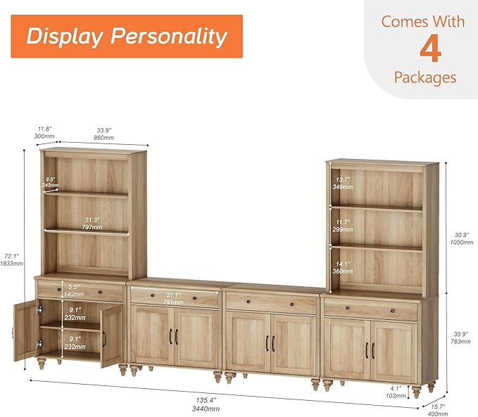 WAMPAT Entertainment Center with Bookshelves for TVs up to 75", Farmhouse Wall Unit TV Stand with 8 Doors & 4 Drawer, Media Console Table for Living Room, Bedroom & Home Theater, Oak