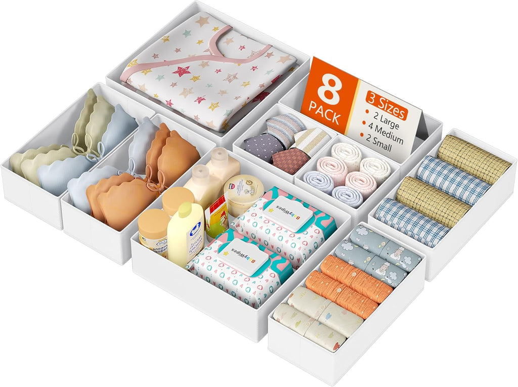 DIMJ Drawer Organizer Clothes, 8 Pack Dresser Organizer, Foldable Closet Organizers and Storage, Fabric Dresser Bins, Drawer Dividers for Nursery, Baby Clothes, Underwears, Sock (white)