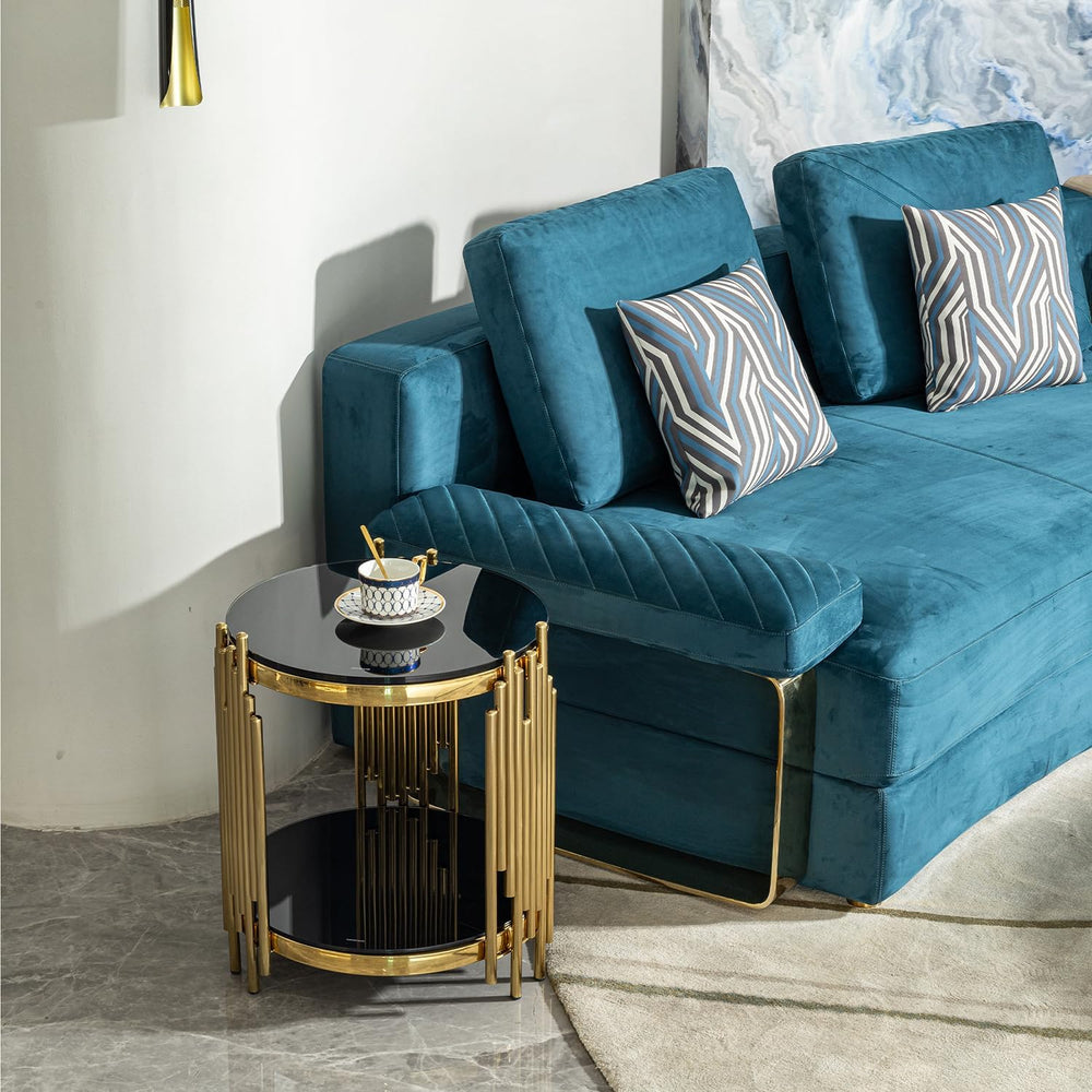 17.72" Round Sofa Side Table, 2-Tier Black Tempered Glass End Table with...