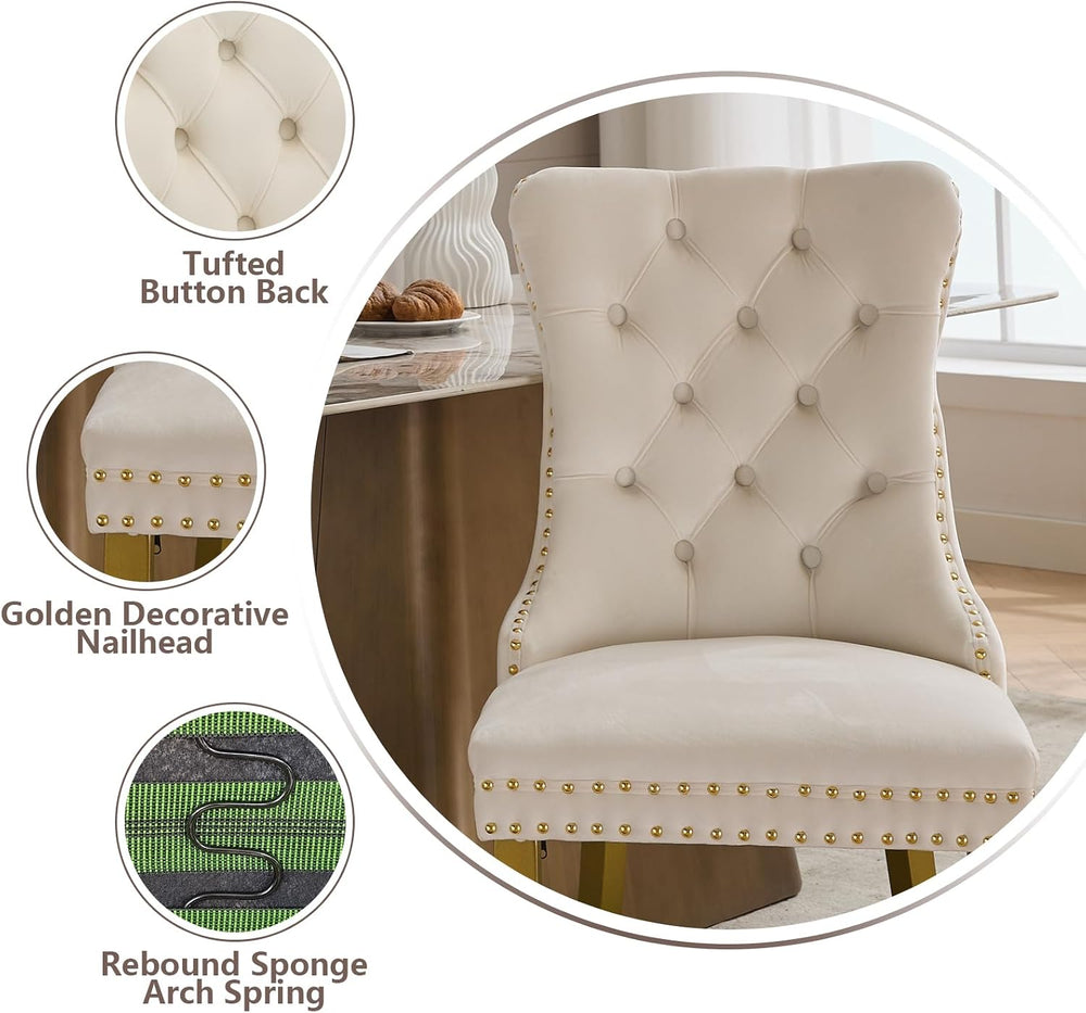 Cream Velvet Dining Chairs Set of 2, Ring Pull, Golden Solid Wood Legs