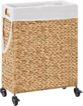 Rolling Laundry Hamper with Wheels, Slim Laundry Basket with Removable Liner Bag & 2 Mesh Bags, Handwoven Water Hyacinth Clothes Hamper for Bedroom Bathroom (Natural, 65L)