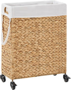 Rolling Laundry Hamper with Wheels, Slim Laundry Basket with Removable Liner Bag & 2 Mesh Bags, Handwoven Water Hyacinth Clothes Hamper for Bedroom Bathroom (Natural, 65L)