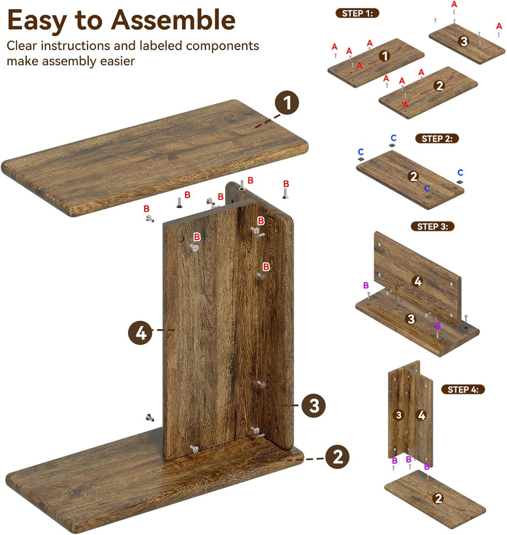 C-Shaped End Table for Couch, Small Side Table, Bedside Table for Sofa, Woode...
