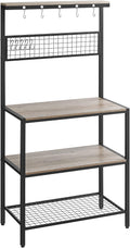 VASAGLE Bakers Rack, Coffee Bar, Kitchen Storage Shelf Rack with 10 Hooks, 3 Shelves, Adjustable Feet, for Microwave Oven, 15.7 x 33.1 x 66.9 Inches, Industrial, Greige and Black UKKS017B02