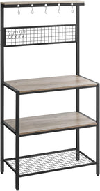 VASAGLE Bakers Rack, Coffee Bar, Kitchen Storage Shelf Rack with 10 Hooks, 3 Shelves, Adjustable Feet, for Microwave Oven, 15.7 x 33.1 x 66.9 Inches, Industrial, Greige and Black UKKS017B02